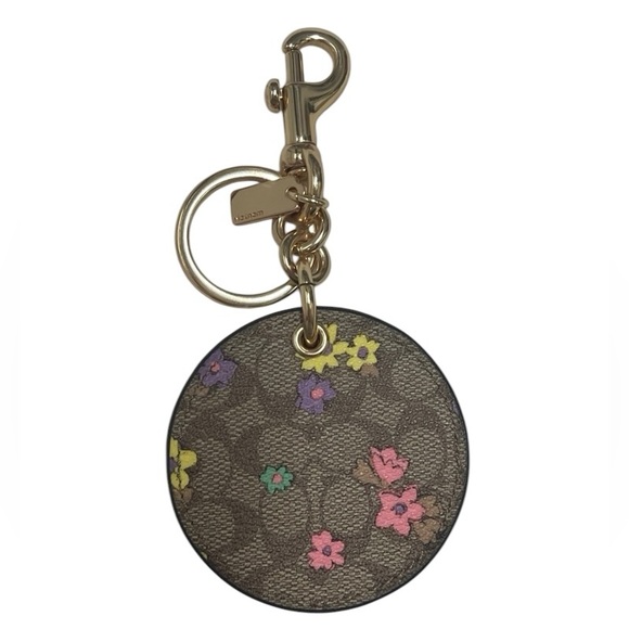 COACH Signature Canvas Leather Floral Mirror Keychain Charm - Picture 1 of 8